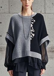 Chic Grey Asymmetrical Patchwork Tulle Knitted Tops Fall