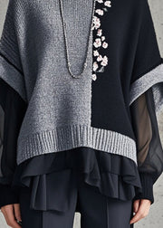 Chic Grey Asymmetrical Patchwork Tulle Knitted Tops Fall