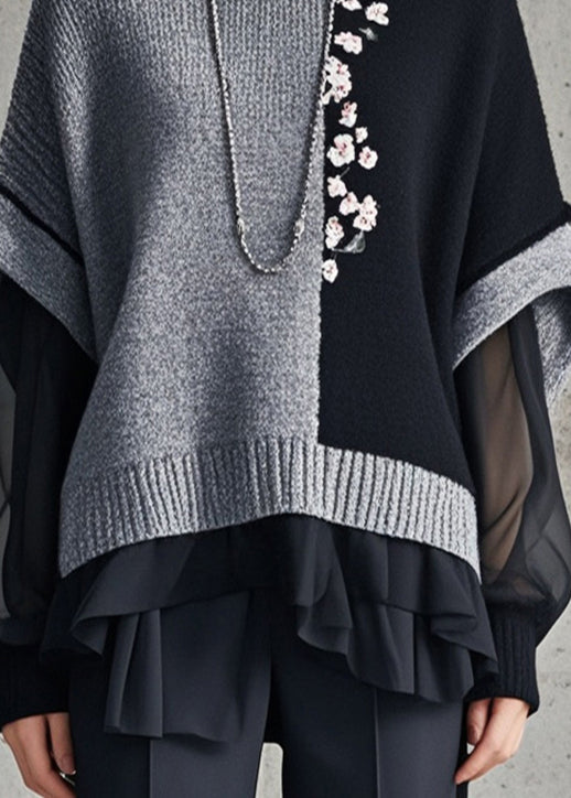 Chic Grey Asymmetrical Patchwork Tulle Knitted Tops Fall