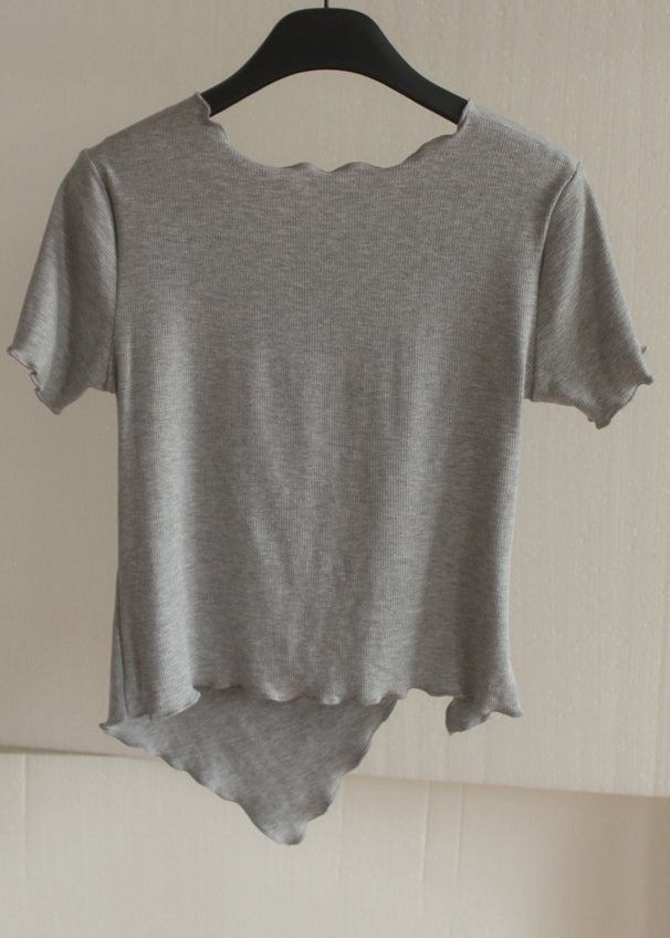 Chic Grey Asymmetrical Wrinkled Short Sleeve