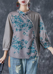 Chic Grey Chinese Style Patchwork Print Linen Blouse Top Fall