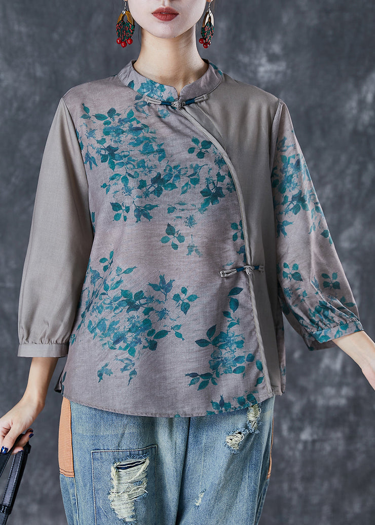 Chic Grey Chinese Style Patchwork Print Linen Blouse Top Fall