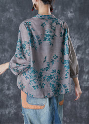 Chic Grey Chinese Style Patchwork Print Linen Blouse Top Fall