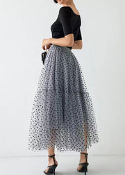 Chic Grey Dot Wrinkled Patchwork Elastic Waist Tulle Skirt Spring