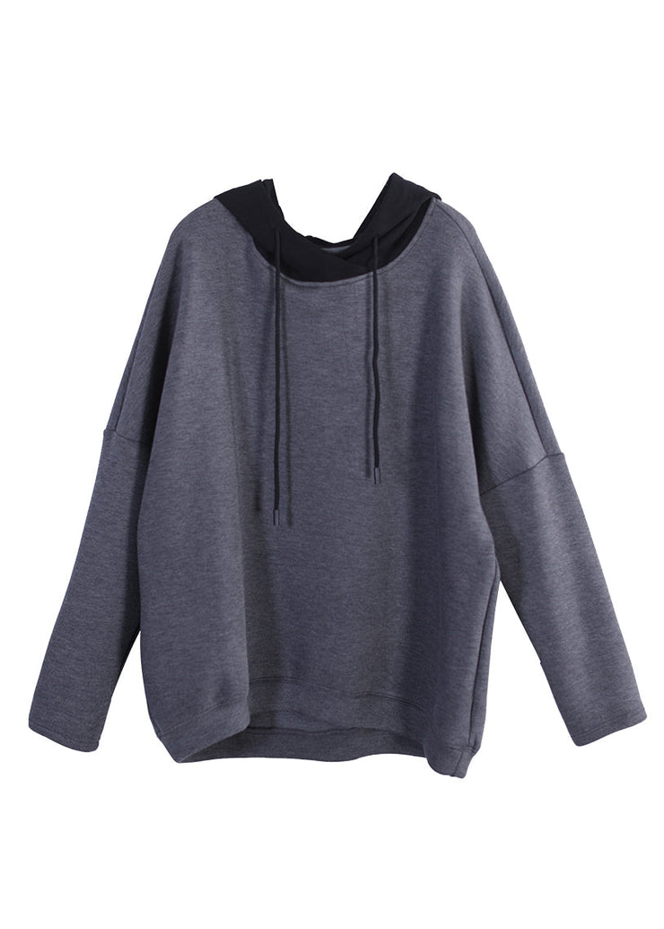 Chic Grey Drawstring Knit Patchwork Hooded Sweatshirt Fall