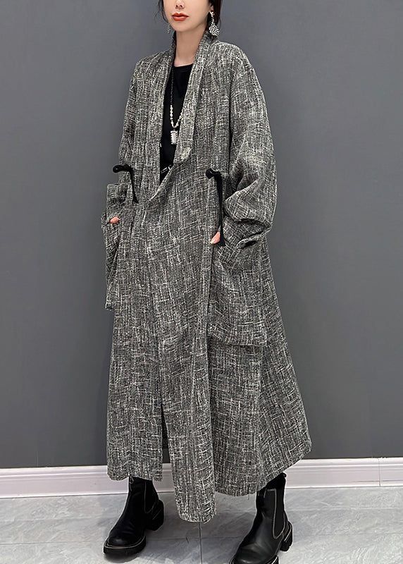 Chic Grey Notched Plaid Button Trench Coats Fall