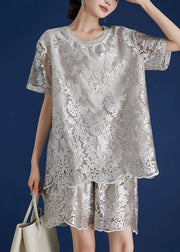 Chic Grey O-Neck Embroidered Lace Top And Shorts Two Piece Set Short Sleeve