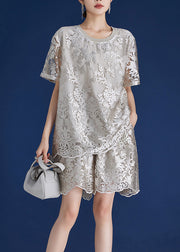 Chic Grey O-Neck Embroidered Lace Top And Shorts Two Piece Set Short Sleeve