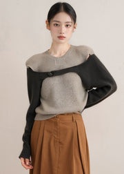 Chic Grey O Neck Patchwork Woolen Knitted Tops Fall