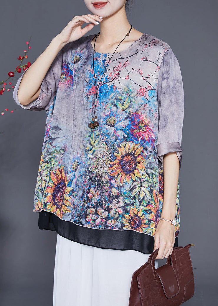 Chic Grey Oversized Patchwork Print Silk Shirts Summer