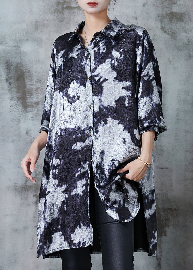 Chic Grey Oversized Tie Dye Silk Velour Shirt Dress Fall