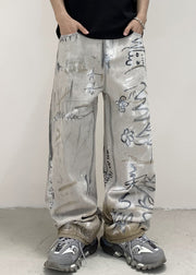 Chic Grey Pockets Tie Dye Cotton Denim Men Pants Fall