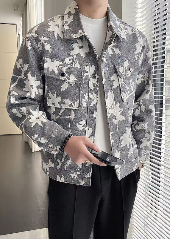 Chic Grey Print Pockets Cotton Mens Coats Fall