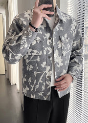 Chic Grey Print Pockets Cotton Mens Coats Fall