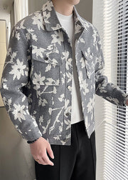 Chic Grey Print Pockets Cotton Mens Coats Fall