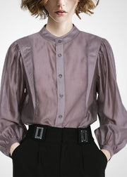 Chic Grey Purple Peter Pan Collar Patchwork Shirt Tops Long Sleeve