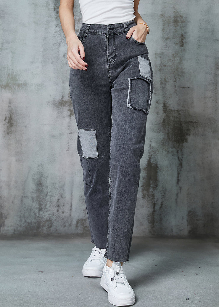 Chic Grey Silm Fit Patchwork Applique Denim Pants Spring