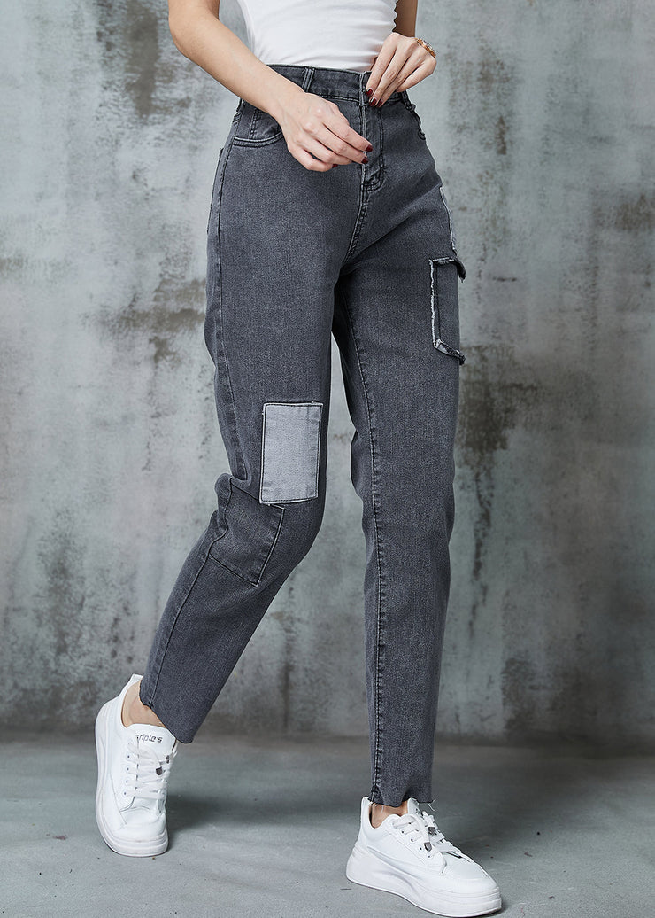 Chic Grey Silm Fit Patchwork Applique Denim Pants Spring