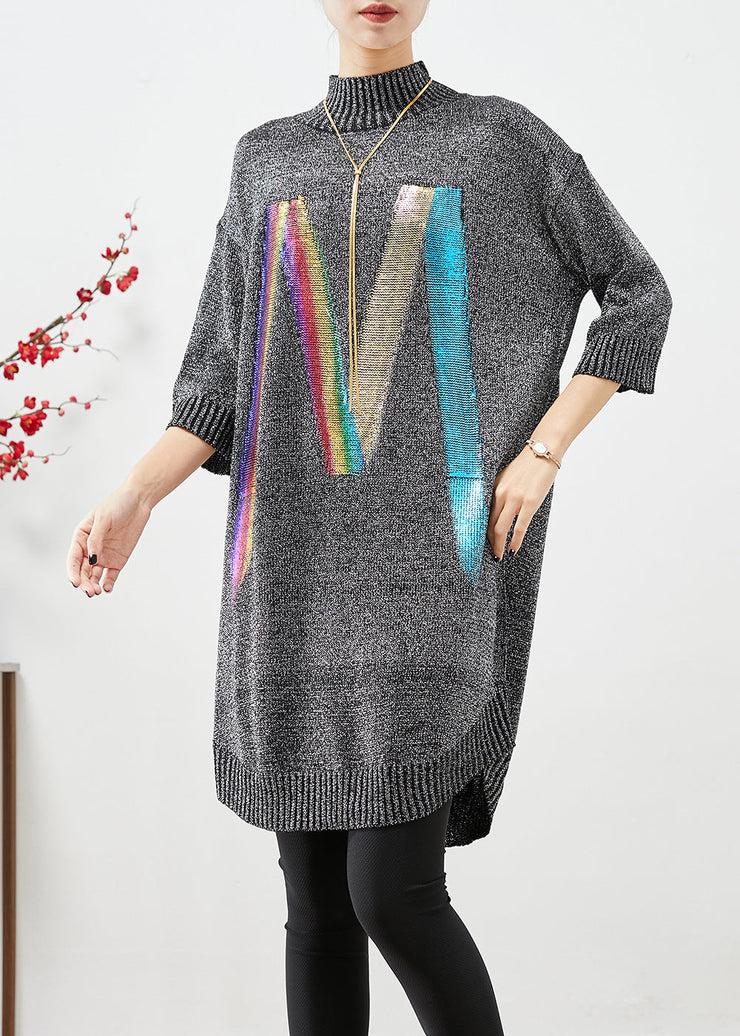 Chic Grey Stand Collar Sequins Knit Sweater Dress Half Sleeve