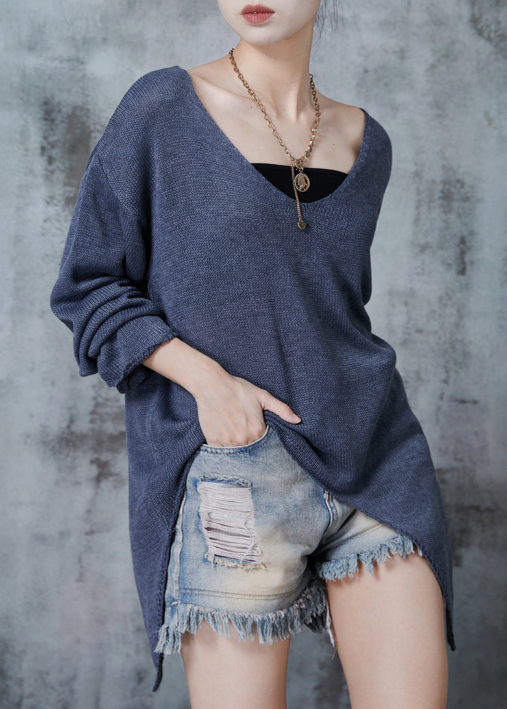 Chic Grey V Neck Asymmetrical Design Knit Sweaters Fall