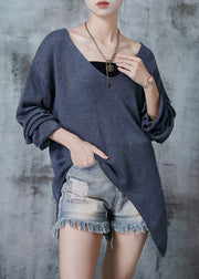 Chic Grey V Neck Asymmetrical Design Knit Sweaters Fall