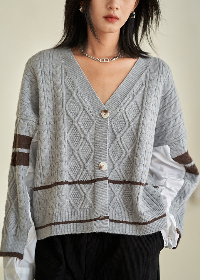 Chic Grey V Neck Button  Cotton Knit Top Fall