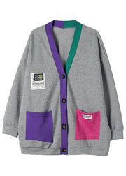 Chic Grey V Neck Patchwork Cotton Cardigans Coats Spring