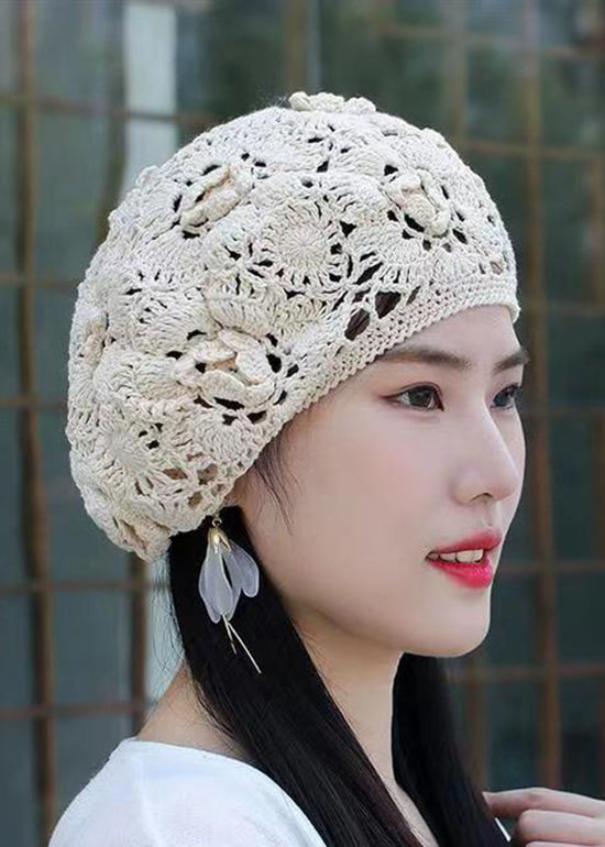 Chic Handmade Black Hollow Out Crochet Floral Knit Beret Hat