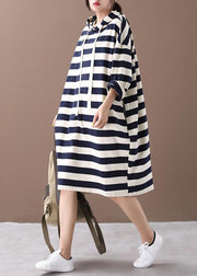 Chic Hooded Striped Cotton Sweatshirt Street wear dress Spring