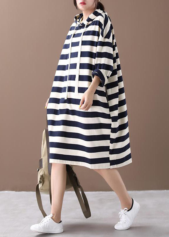 Chic Hooded Striped Cotton Sweatshirt Street wear dress Spring