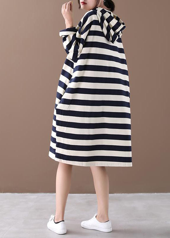 Chic Hooded Striped Cotton Sweatshirt Street wear dress Spring