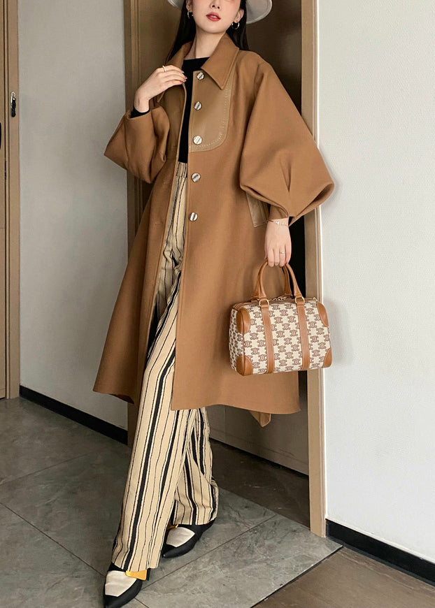 Chic Khaki Button Tie Waist Patchwork Woolen Trench Coats Lantern Sleeve