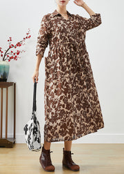 Chic Khaki Cinched Print Cotton Long Dresses Fall