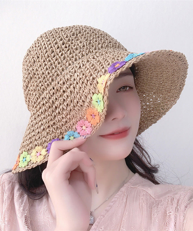 Chic Khaki Floral Straw Woven Floppy Sun Hat