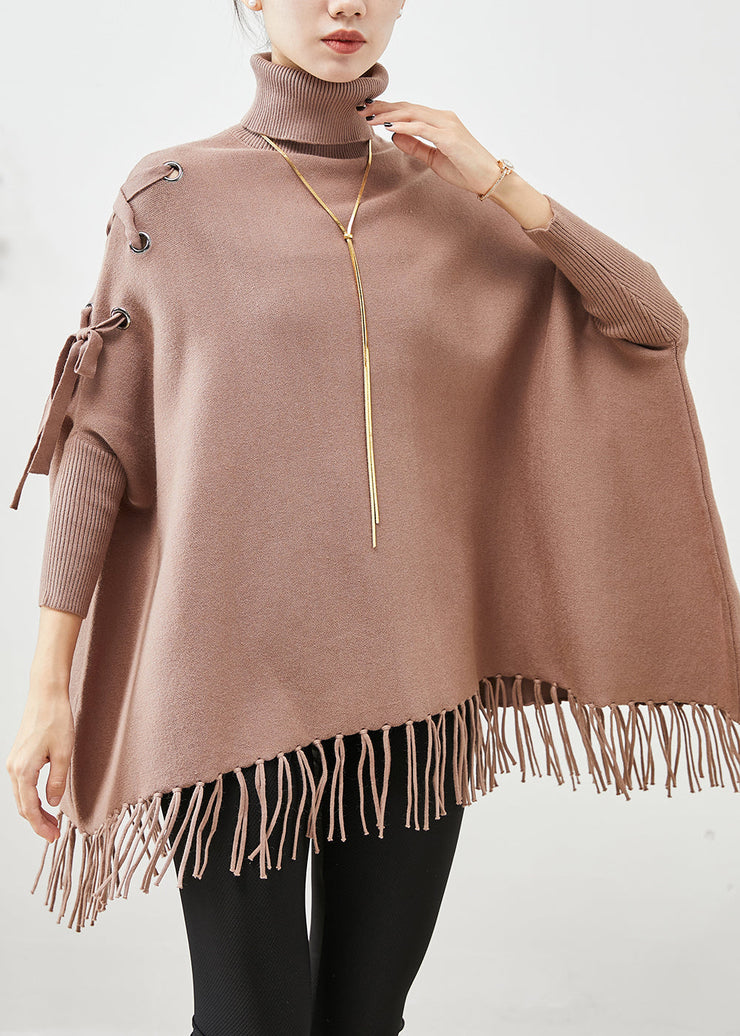 Chic Khaki High Neck Oversized Tasseled Knitted Tops Batwing Sleeve