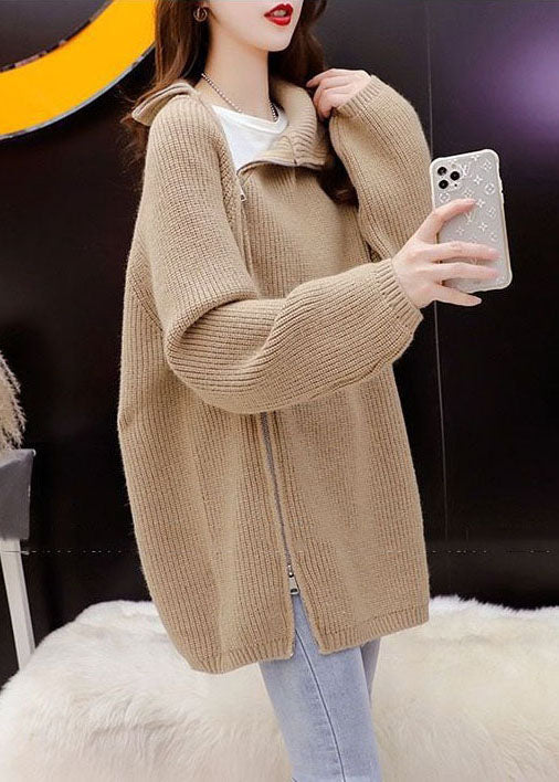 Chic Khaki High Neck Zippered Cozy Knit Pullover Winter