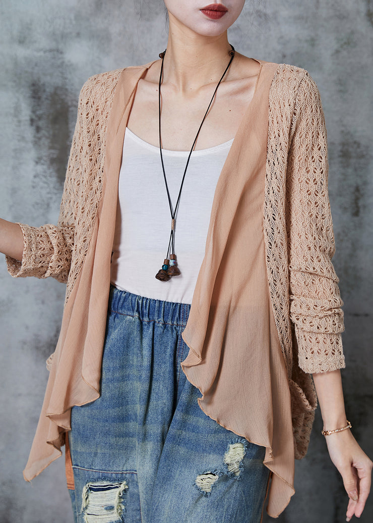 Chic Khaki Hollow Out Patchwork Knit Cardigan Summer