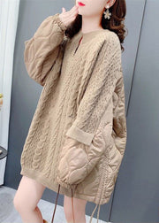 Chic Khaki O-Neck Oversized Cotton Filled Patchwork Drawstring Long Sweater Winter