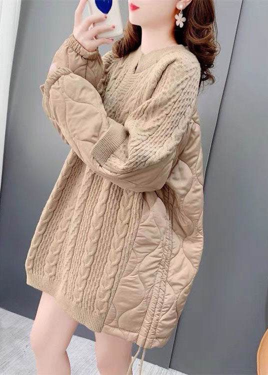 Chic Khaki O-Neck Oversized Cotton Filled Patchwork Drawstring Long Sweater Winter