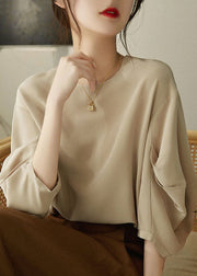 Chic Khaki O-Neck Cinched Chiffon Shirt Tops Lantern Sleeve