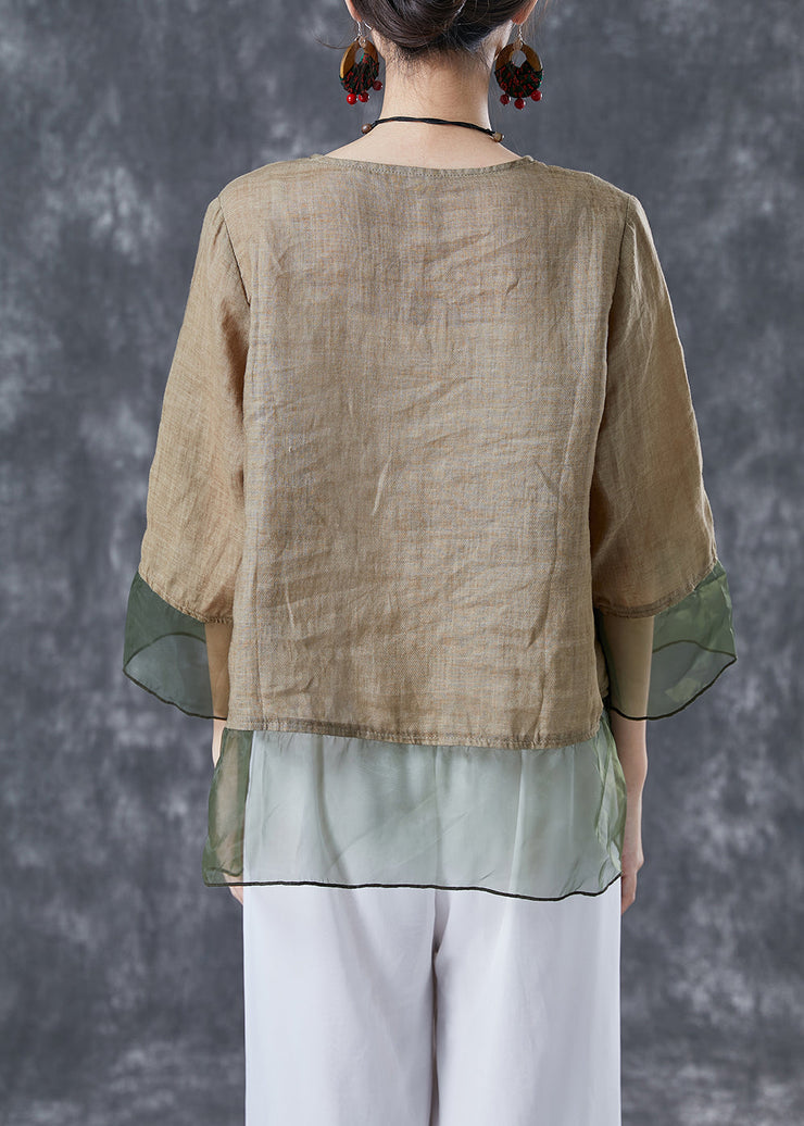 Chic Khaki Oversized Patchwork Organza Linen Shirts Bracelet Sleeve