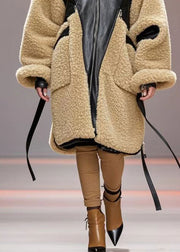 Chic Khaki Oversized Patchwork PU Fuzzy Fur Trench Winter