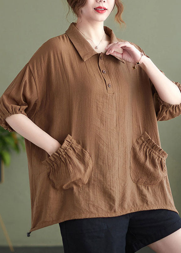 Chic Khaki Patchwork Button Solid T Shirt Short Sleeve