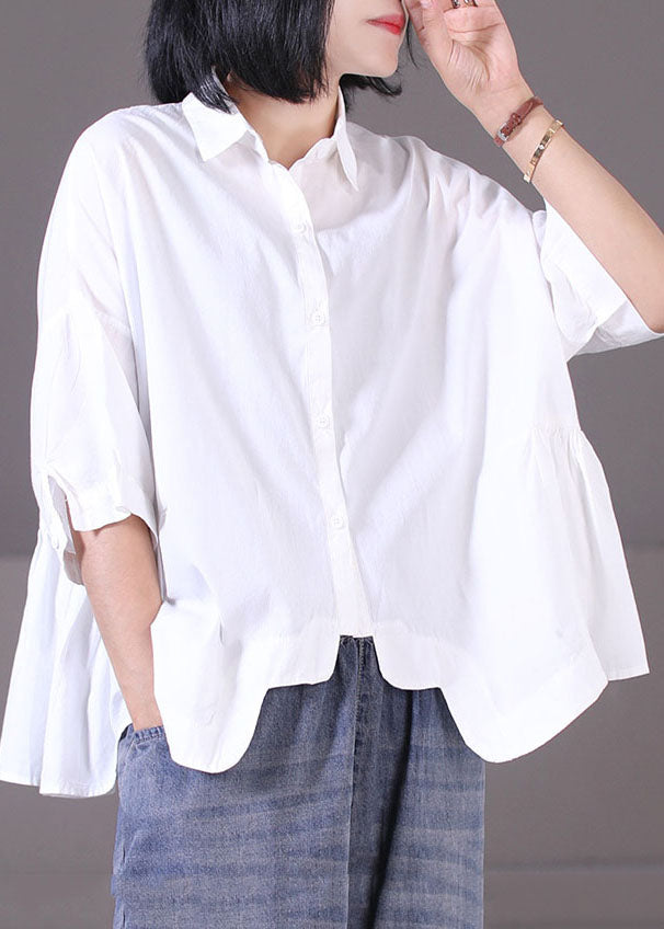 Chic Khaki Peter Pan Collar Asymmetrical Design Patchwork Wrinkled Cotton Shirt Tops Short Sleeve