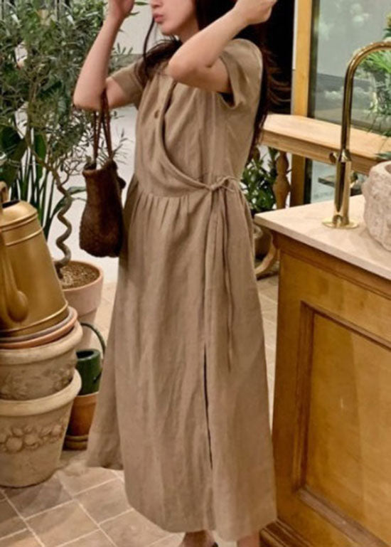 Chic Khaki Peter Pan Collar Patchwork Linen Long Dress Short Sleeve