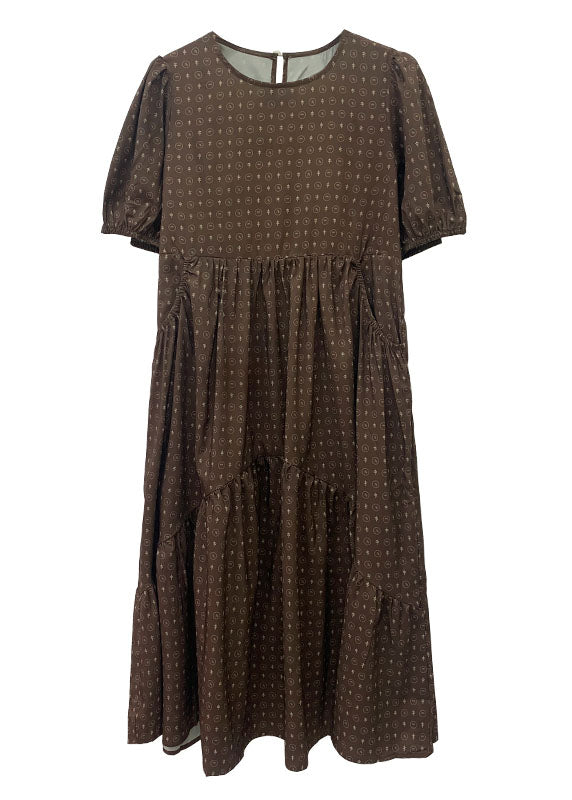 Chic Khaki Puff Sleeve Patchwork Print Cotton Dresses