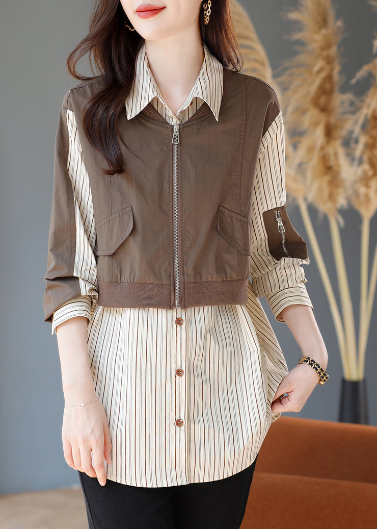 Chic Khaki Striped Patchwork Cotton Fake Two Piece Shirt Top Spring