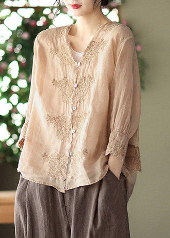 Chic Khaki V Neck Embroideried Linen Shirt Long Sleeve