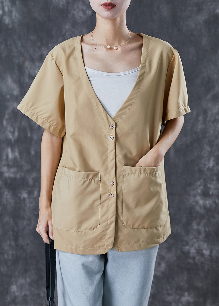 Chic Khaki V Neck Pockets Cotton Shirt Tops Summer