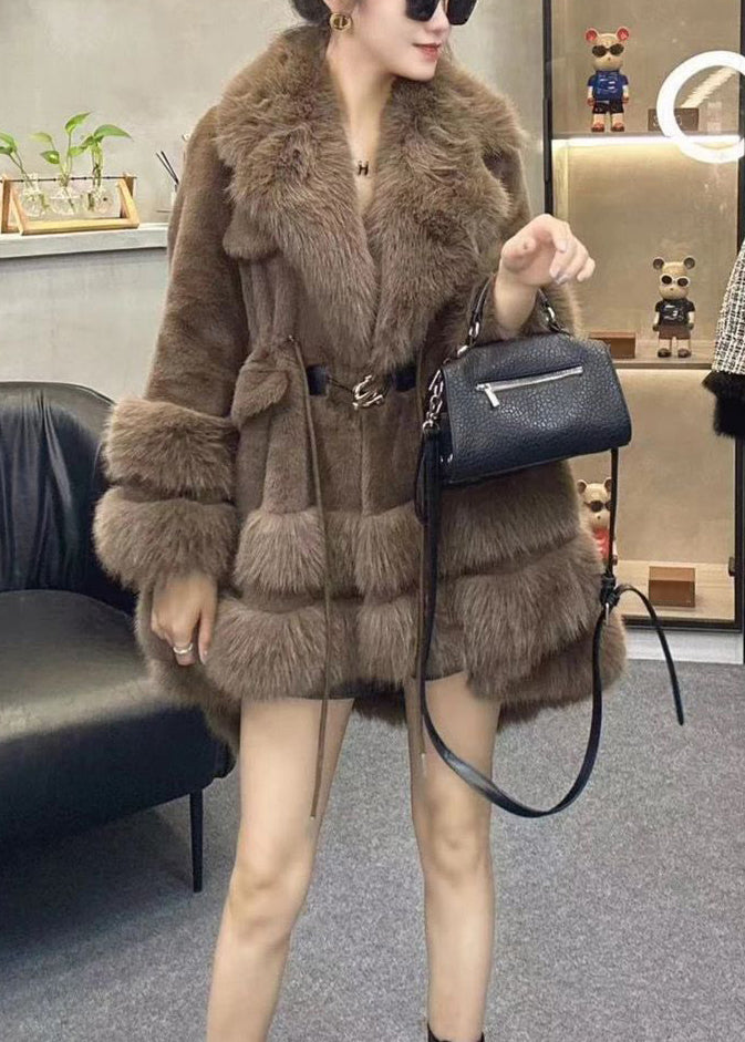 Chic Leopard Fur Collar Drawstring Patchwork Faux Leather Coats Winter